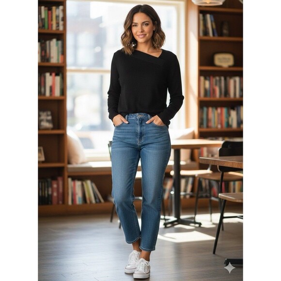 Lety & Me Sweaters - Lety & Me Black Knit Asymmetrical Neck Pullover Sweater Women Size M Long Sleeve